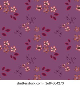 Seamless pattern of flowers and leaves. Floral ornament is arranged in random order. Design for textile, paper, packaging, bedding in a folk style. Vector flat illustration.