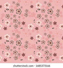 Patrón sin inconvenientes de flores y hojas. El adorno floral se organiza en orden aleatorio. Diseño para textil, papel, embalaje, ropa de cama de estilo folclórico. Ilustración plana vectorial.
