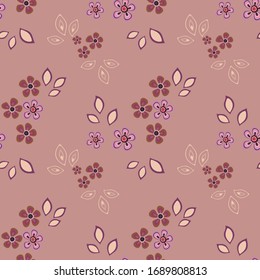 Patrón sin inconvenientes de flores y hojas. El adorno floral se organiza en orden aleatorio. Diseño para textil, papel, embalaje, ropa de cama de estilo folclórico. Ilustración plana vectorial.