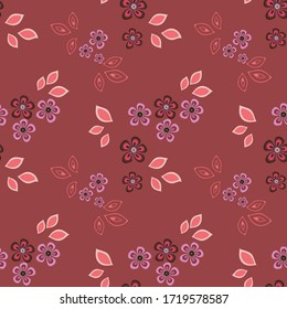 Seamless pattern of flowers and leaves. Floral ornament is arranged in random order. Design for textile, paper, packaging, bedding in a folk style. Vector flat illustration.