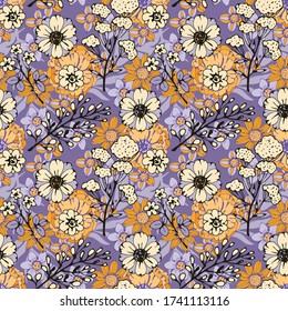 Seamless pattern with flowers, leaves. Floral background. Summer print. Fabric design, wallpaper