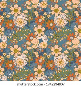 Seamless pattern with flowers, leaves. Floral background. Summer print. Fabric design, wallpaper
