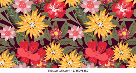 Nahtloses Muster mit Blumen, Blättern. Blumenhintergrund. Farbiger Druck. Stoffdesign, Tapete