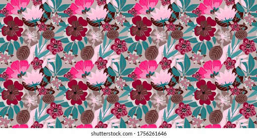 Patrón sin foco con flores, hojas. Fondo floral. Impresión veraniega. Diseño de tejido, papel tapiz