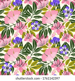 Seamless pattern with flowers, leaves. Floral background. Fabric design