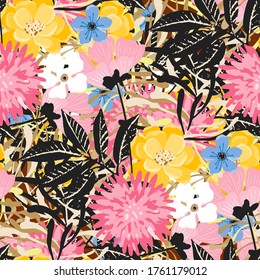 Seamless pattern with flowers, leaves. Floral background. Fabric design