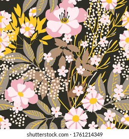 Seamless Pattern With Flowers, Leaves. Floral Background. Fabric Design