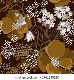 Seamless Pattern With Flowers, Leaves. Floral Background. Fabric Design