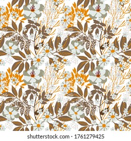 Seamless pattern with flowers, leaves. Floral background. Fabric design
