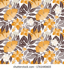 Seamless pattern with flowers, leaves. Floral background. Fabric design