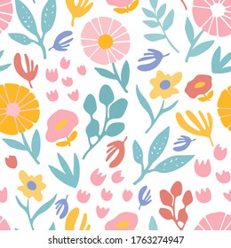 Patrón sin foco con flores, hojas. Fondo floral. Diseño de tela. Impresión de verano
