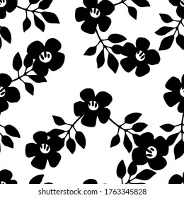 Seamless pattern with flowers, leaves. Floral background. Fabric design in black and white