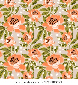 Seamless pattern with flowers, leaves. Floral background. Fabric design