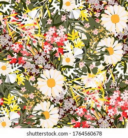 Seamless pattern with flowers, leaves. Floral background. Fabric design. Summer print