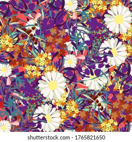 Seamless pattern with flowers, leaves. Floral background. Fabric design. Summer print