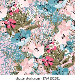 Seamless pattern with flowers, leaves. Floral background. Summer print. Fabric design, wallpaper