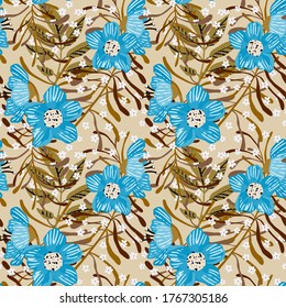 Seamless pattern with flowers, leaves. Floral background. Summer print. Fabric design, wallpaper