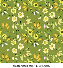 Seamless pattern of flowers and leaves. The floral ornament is located in a geometric order. Design for textile, paper, packaging, bedding. Vector illustration.