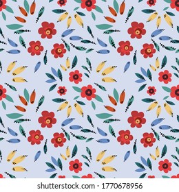 Seamless pattern of flowers and leaves. The floral ornament is located in a geometric order. Design for textile, paper, packaging, bedding. Vector illustration.