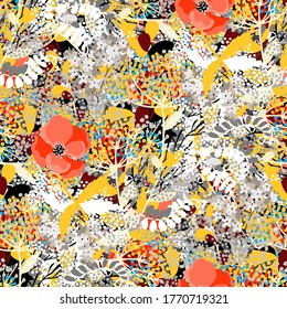 Seamless pattern with flowers, leaves. Floral background. Summer print. Fabric design, wallpaper