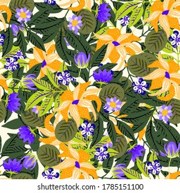 Seamless pattern with flowers, leaves. Floral background. Summer print. Fabric design, wallpaper