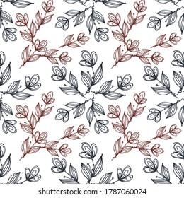 Seamless pattern of flowers and leaves. Floral ornament located in the style of hand-drawn. Design for textile, paper, packaging, bedding from colorful doodle elements. Vector illustration