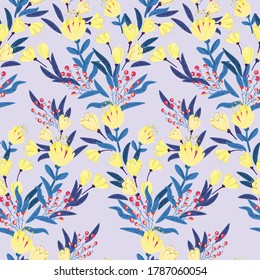 Nahtlose Muster von Blumen und Blättern. Die Blumenschmuck befindet sich in geometrischer Reihenfolge. Design für Textilien, Papier, Verpackungen, Betten. Vektorgrafik.