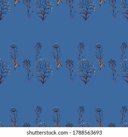 Seamless pattern of flowers and leaves. Floral ornament located in the style of hand-drawn. Design for textile, paper, packaging, bedding from colorful doodle elements. Vector illustration