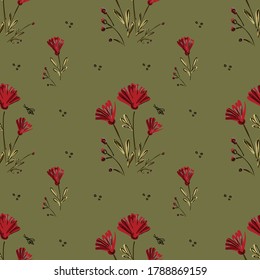 Seamless pattern of flowers and leaves. Floral ornament located in the style of hand-drawn. Design for textile, paper, packaging, bedding from colorful doodle elements. Vector illustration