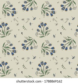 Nahtlose Muster von Blumen und Blättern. Blumenschmuck im Stil von handgezeichnet. Design für Textilien, Papier, Verpackungen, Betten aus bunten Doodle-Elementen. Vektorgrafik