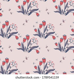 Nahtlose Muster von Blumen und Blättern. Blumenschmuck im Stil von handgezeichnet. Design für Textilien, Papier, Verpackungen, Betten aus bunten Doodle-Elementen. Vektorgrafik
