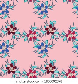 Seamless pattern of flowers and leaves. The floral ornament is located in a geometric order. Design for textile, paper, packaging, bedding. Vector illustration.