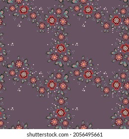 Seamless pattern of flowers and leaves. Floral ornament is arranged in random order. Design for textile, paper, packaging, bedding in a folk style. Vector flat illustration.