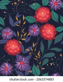 Seamless pattern with flowers and leaves. Floral pattern with red and blue decorative flowers, different foliage on a dark background. Vector illustration.