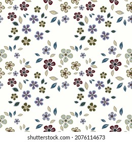 Seamless pattern of flowers and leaves. Floral ornament is arranged in random order. Design for textile, paper, packaging, bedding in a folk style. Vector flat illustration.