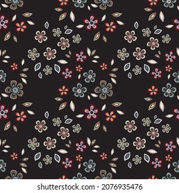 Seamless pattern of flowers and leaves. Floral ornament is arranged in random order. Design for textile, paper, packaging, bedding in a folk style. Vector flat illustration.