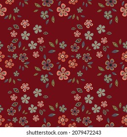 Seamless pattern of flowers and leaves. Floral ornament is arranged in random order. Design for textile, paper, packaging, bedding in a folk style. Vector flat illustration.