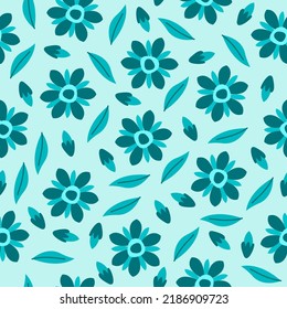 Flores de patrón sin foco dejan flores en tosca azul. Perfecto para imprimir en tela textil, ropa, vestido, envoltura, portada de libros, empaque, invitación a la boda.
