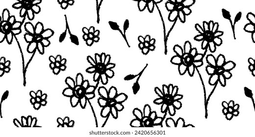 Nahtloses Muster mit Blumen, Blättern, Blumenstäumen. Hintergrund mit primitiven Gänseblümchen mit Grunge-Pinsel. Schwarz-Weiß-botanische Elemente. Vektorgrafik. Einfache Stilpflanzen