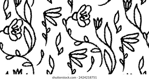 Nahtloses Muster mit Blumen, Blättern, Blumenstämmen. Hintergrund mit primitiven Wildpflanzen Zeichnung mit Grunge Pinsel. Botanische Elemente in Schwarzweiß. Vektorgrafik. Einfache Stilpflanzen