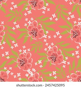 Seamless pattern with flowers, leaves. Floral background. Fabric design