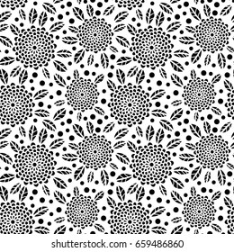Seamless pattern with flowers, leaves. Floral repeating background in black and white