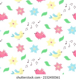 Seamless pattern with flowers, leaves and flying and singing birds. Vector illustration.