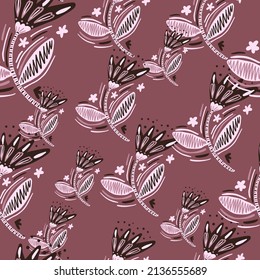 Seamless pattern with flowers and leaves in folk style. Naive art. Abstract floral wallpaper. Design for fabric, textile print, surface, wrapping, cover, greeting card. Vector illustration