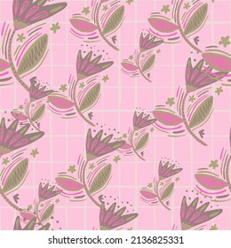 Seamless pattern with flowers and leaves in folk style. Naive art. Abstract floral wallpaper. Design for fabric, textile print, surface, wrapping, cover, greeting card. Vector illustration