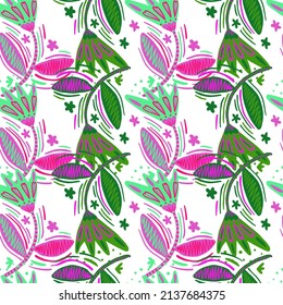 Patrón sin foco con flores y hojas al estilo folk. Arte naïve. Resumen de fondo de paredes florales. Diseño para tela, impresión textil, superficie, envoltura, cubierta, tarjeta de saludo. Ilustración del vector