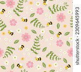 Seamless pattern with flowers, leaves and funny bee on pink background 
