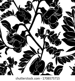 Seamless pattern with flowers and leaves of garden vetch. Black and white. Nature ecological concept. Good design for textile, wrapping paper, backdrop or wallpaper.