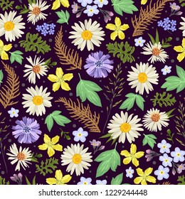 Seamless pattern with flowers, leaves and grass. Freehand drawing