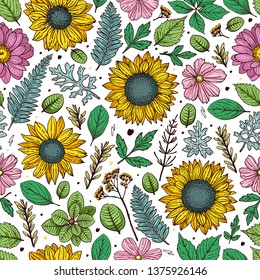 Seamless pattern with flowers, leaves and grass. Sketch. Freehand drawing